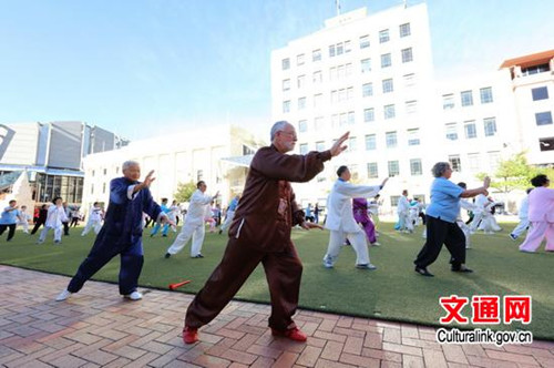 太极爱好者表演24式太极拳