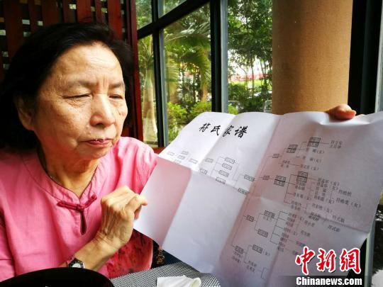 中国侨网图为丘秀芷展示先生符兆祥的家谱。（关向东 摄）
