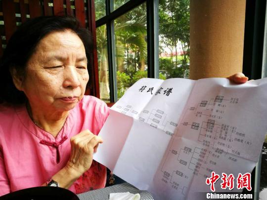 中国侨网图为丘秀芷展示先生符兆祥的家谱。(关向东 摄)
