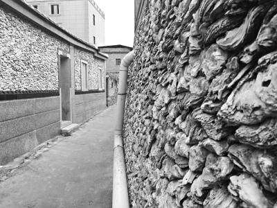 中国侨网蟳埔村街巷一角。房屋的墙壁均用蚵壳装饰。（本报记者 田媛 摄）