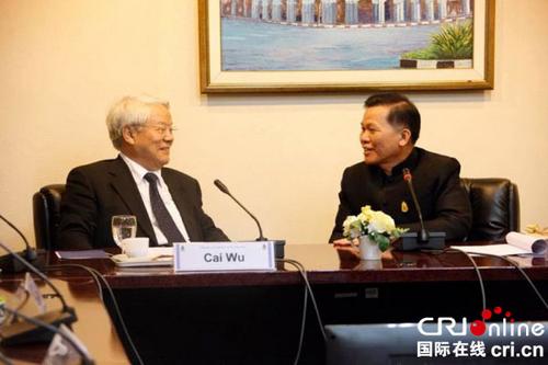 中国侨网泰国文化部次长吉萨亚鹏与中国前文化部长蔡武(左一)。