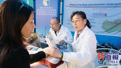 中国侨网中医师在义诊现场为民众号脉。(匈牙利《新导报》资料图)
