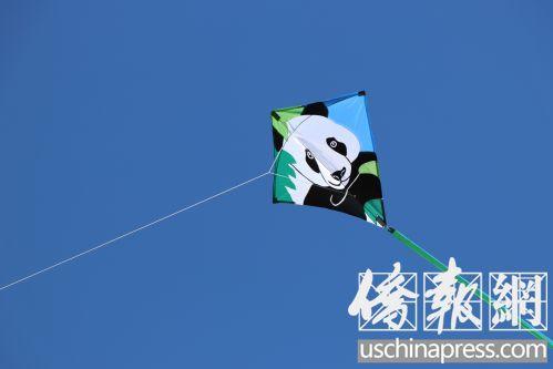 中国侨网绘有熊猫图案的四边形风筝（美国《侨报》/杰克摄）