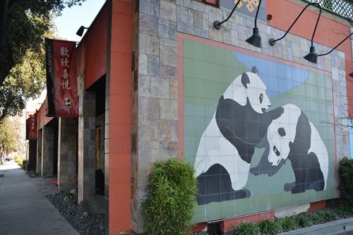 中国侨网在美国加州巴迪那的聚丰园餐厅墙面上熊猫壁画，表示这里是“熊猫快餐”发迹地。(美国《世界日报》／张宏 摄)