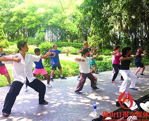 中国侨网法国养生团跟随佛山的健身气功师傅学习养生功夫。