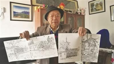 中国侨网徐正荣展示他的园林写生画作。