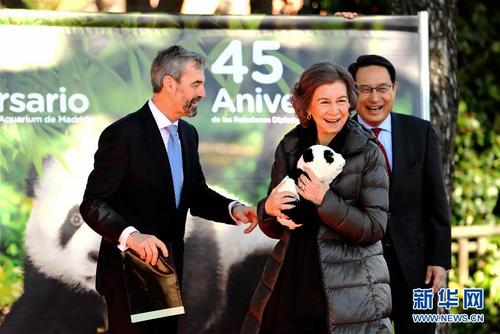 中国侨网2月23日，西班牙王后索菲亚（中）在马德里动物园出席签约仪式时怀抱熊猫玩具。新华社记者郭求达 摄
