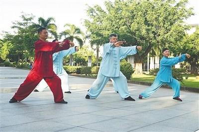 中国侨网林方卿（左一）带领谢志明等弟子练习太极拳。