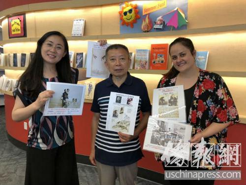 中国侨网话剧《飞虎恋》导演张西(左)获得晏良为(中)赠送的珍贵历史资料。(美国《侨报》/王伊琳 摄)