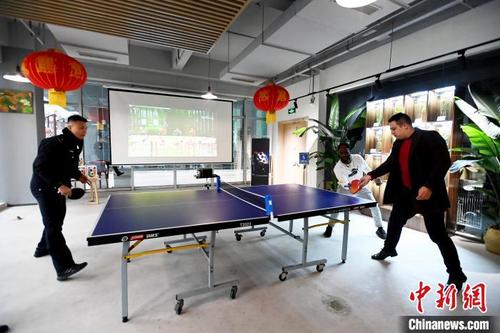 中国侨网中外友人在进行兵乓球比赛。　安源　摄