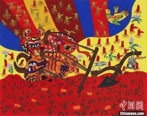 中国侨网安塞农民画作品。陕西省美术博物馆供图