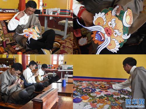 中国侨网西藏唐卡之都画院索朗罗拉等技师正在缝制堆绣唐卡。新华社记者 春拉 摄
