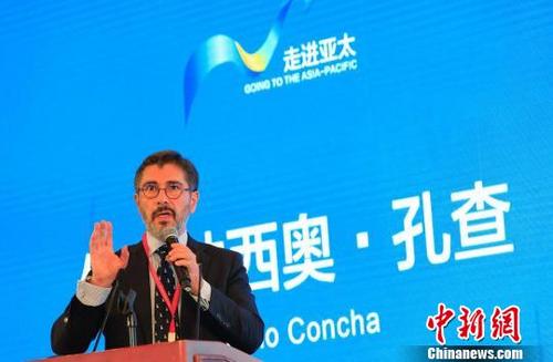 中国侨网智利驻上海总领事伊克纳希奥·孔查发表演讲。　殷立勤　摄