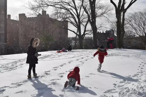 中国侨网纽约布鲁克林日落公园被大雪覆盖，华人家庭共享雪天时光。（美国《世界日报》/颜洁恩 摄）