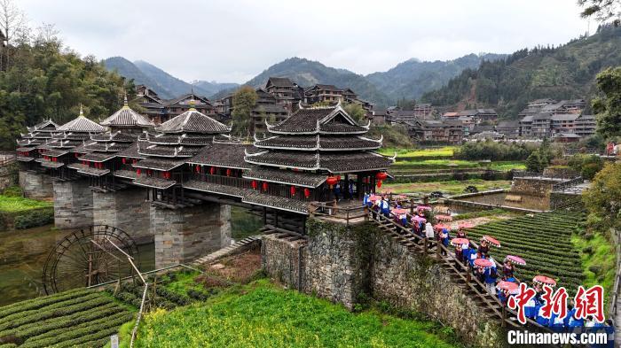 中国侨网3月17日,学子在广西三江侗族自治县林溪镇程阳八寨景区参观