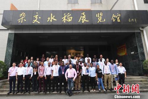 中国侨网非洲记者与工作人员在杂交水稻展览馆前合影。　杨华峰　摄