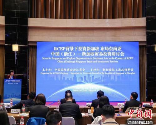 中国侨网“RCEP背景下投资新加坡 布局东南亚”中国(浙江)—新加坡贸易投资研讨会现场。 主办方 供图