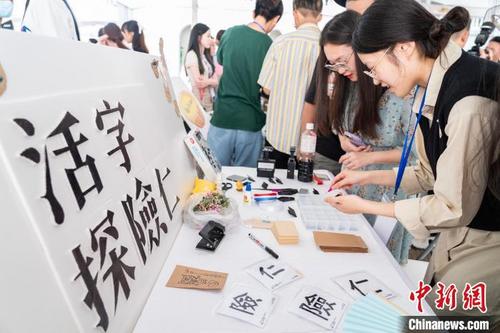 图为市民游客通过体验捡字钉的方式了解中国传统活字印刷术。 中新网记者 侯宇 摄