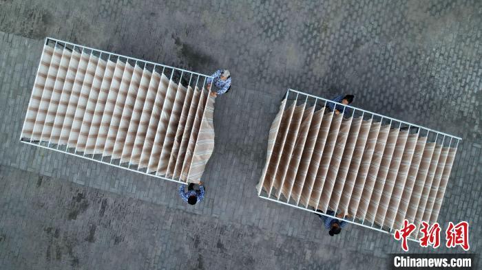 8月29日，河北省衡水市冀州区田园棉文化园纺织工坊，工人整理晾晒中的老粗布。该文化园依托当地传统“非遗”田园棉手织布技艺，引导帮扶周边农户学习手织老粗布，让农户实现家门口就业增收，推进传统手工艺的传承和发展。2013年，冀州田园棉手织布技艺入选河北省级非物质文化遗产名录。（无人机照片）中新社记者 翟羽佳 摄