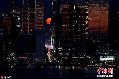 猩红“草莓月亮”惊艳纽约夜空 
