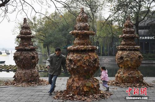 落叶艺术品成为杭州西湖独特风景 