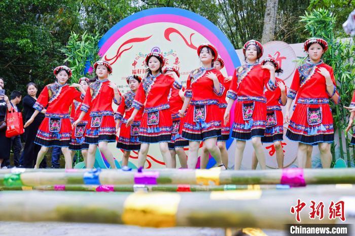 中国侨网“三月三”文化旅游节上演竹竿舞。官庄畲族乡 供图