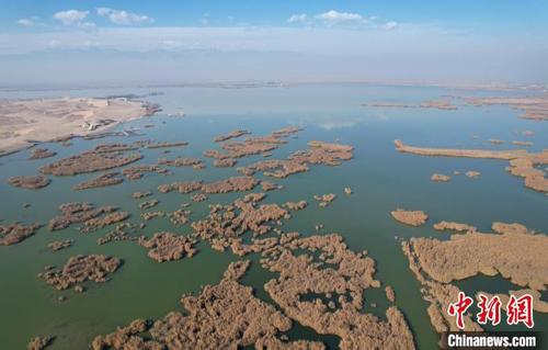 中国侨网航拍宁夏回族自治区石嘴山市境内的沙湖旅游景区。　于晶　摄