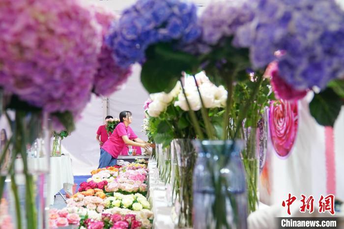 中国侨网7月12日,工作人员在展位上忙碌。当日,“云花之心•晋宁玫瑰嘉年华”在昆明市晋宁区举行。现场形式多样、内容丰富的主题活动以及各式各样的花卉展品吸引民众参观。昆明市晋宁区位于云南花卉生产区的核心区,被称为全球温带花卉最佳产地。中新社记者 刘冉阳 摄