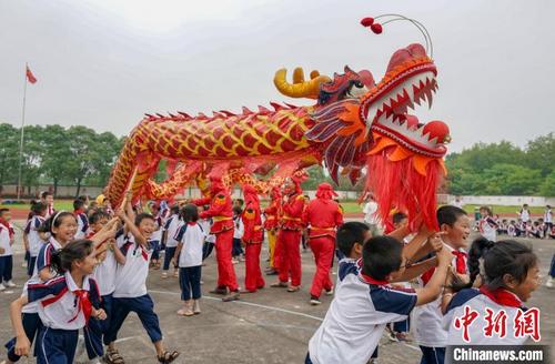 中国侨网6月11日，江西省新余市仙女湖区观巢学校的小学生在“非遗进校园”主题活动中体验舞龙。　赵春亮　摄